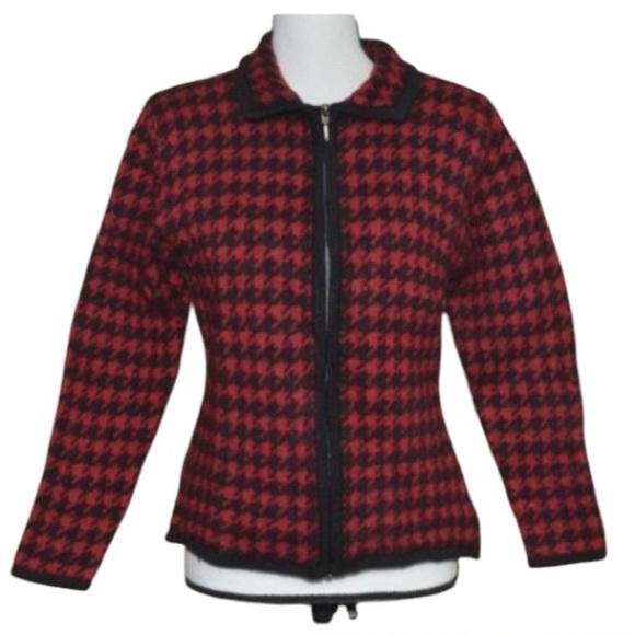Paul Harris Design Wool Red Houndstooth Zip Cardigan Sweater Small Cottagecore - Picture 2 of 10
